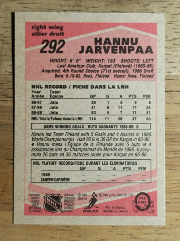 1989-90 O-Pee-Chee #292 Hannu Jarvenpaa RC
