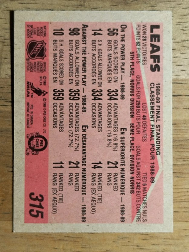 1989-90 O-Pee-Chee #315 Toronto Maple Leafs