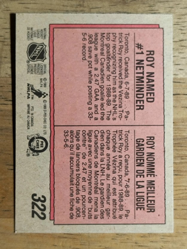 1989-90 O-Pee-Chee #322 Patrick Roy Vezina