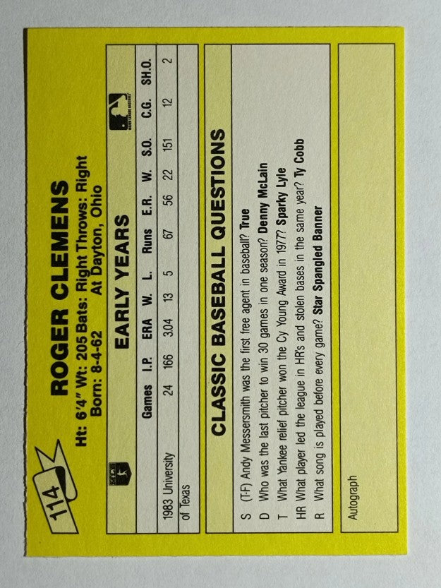 1987 Classic Update Yellow #114 Roger Clemens