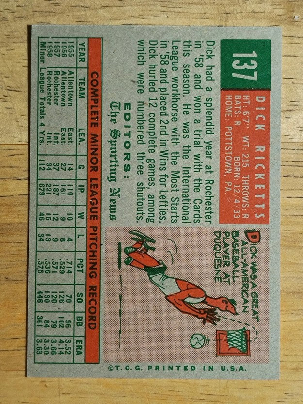 1959 Topps #137 Dick Ricketts RS RC (NM)