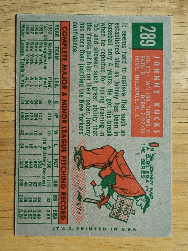 1959 Topps #289 Johnny Kucks (VG)