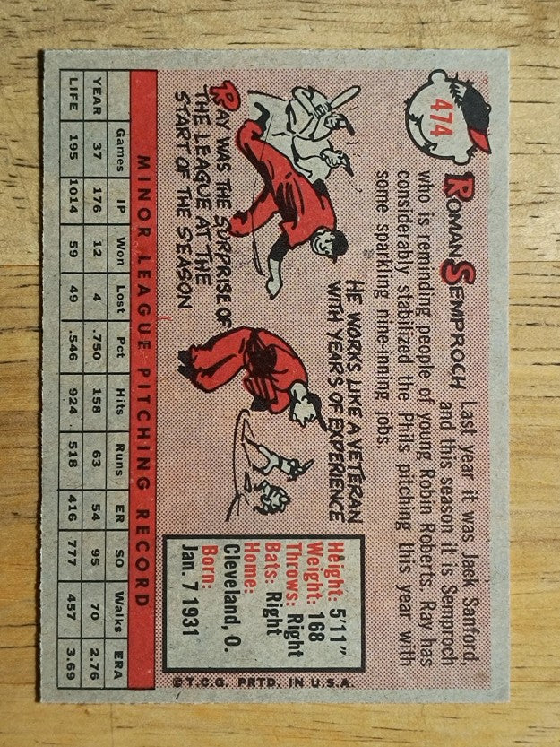1958 Topps #474 Roman Semproch RC (EXMT)