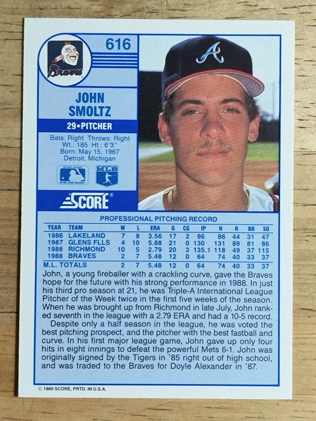 1989 Score #616 John Smoltz RC