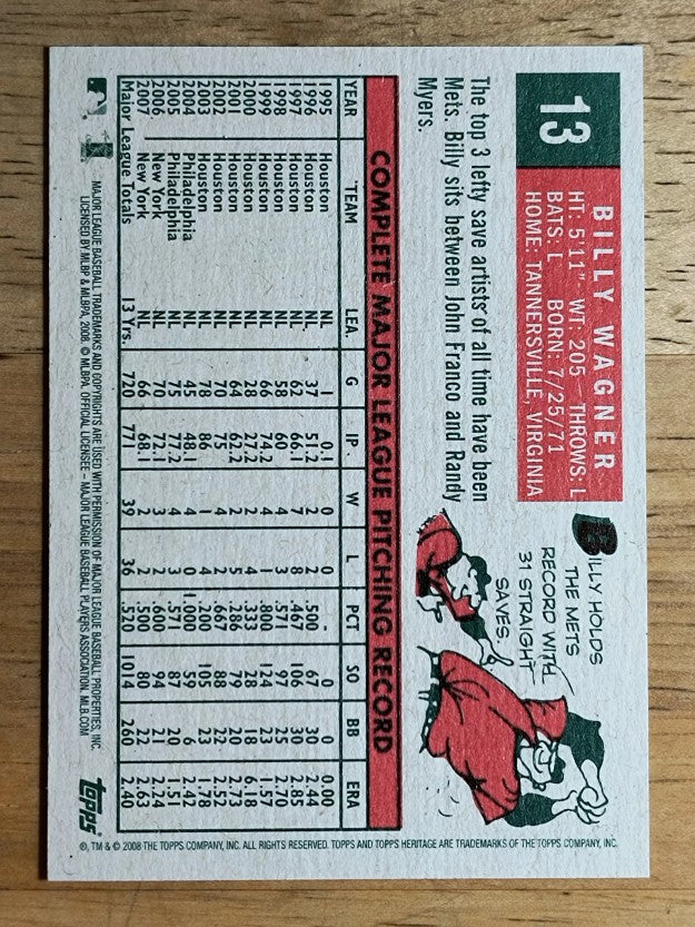 2008 Topps Heritage #13 Billy Wagner GB SP