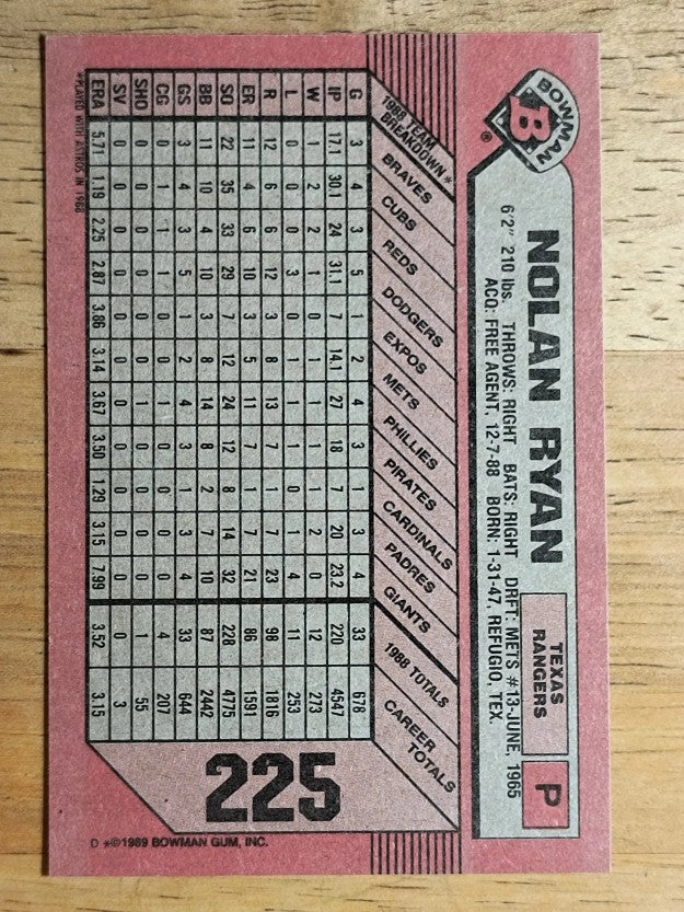 1989 Bowman #225 Nolan Ryan