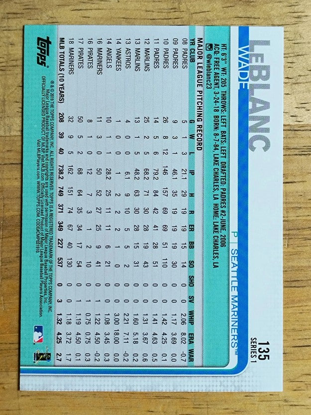 2019 Topps #135 Wade LeBlanc