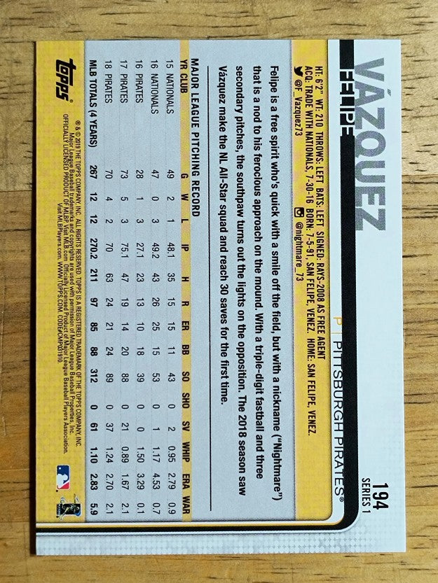2019 Topps #194 Felipe Vazquez