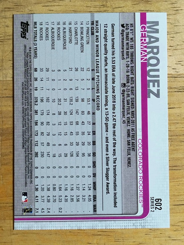 2019 Topps #602 German Marquez