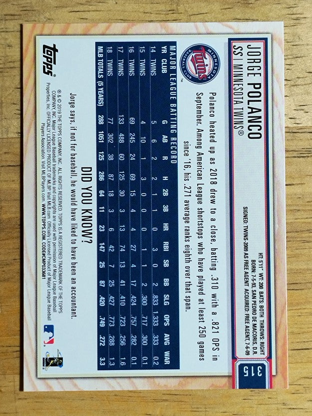 2019 Topps Big League #315 Jorge Polanco