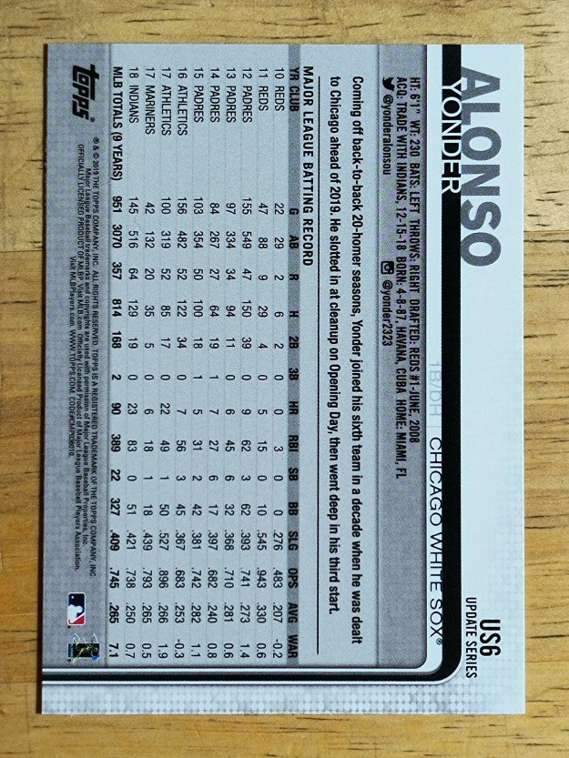 2019 Topps Update #US6 Yonder Alonso
