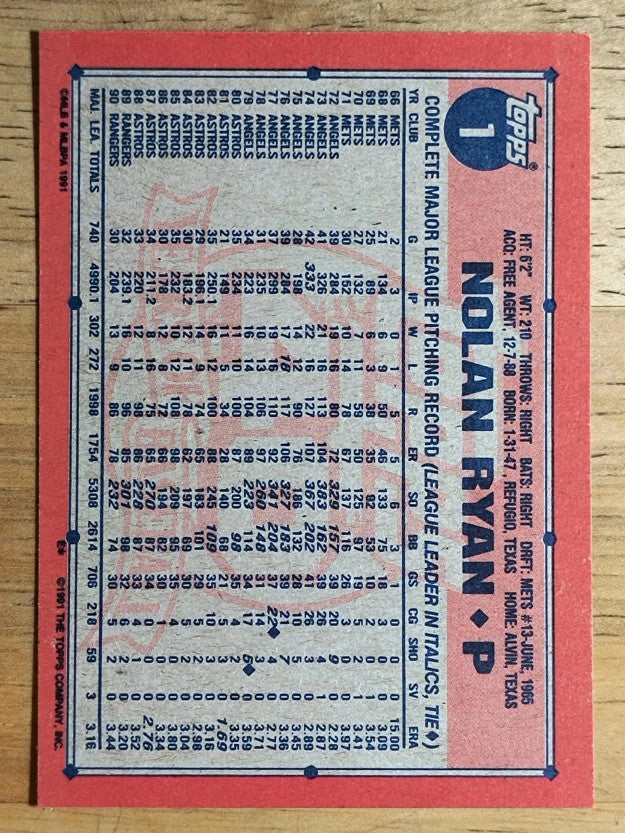 1991 Topps #1 Nolan Ryan