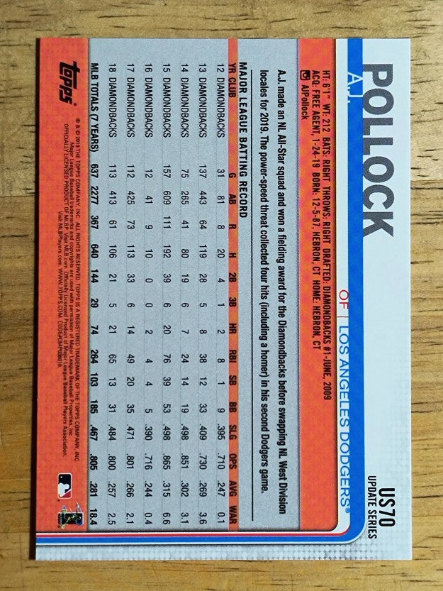 2019 Topps Update #US70 A.J. Pollock