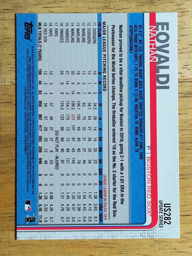 2019 Topps Update #US282 Nathan Eovaldi