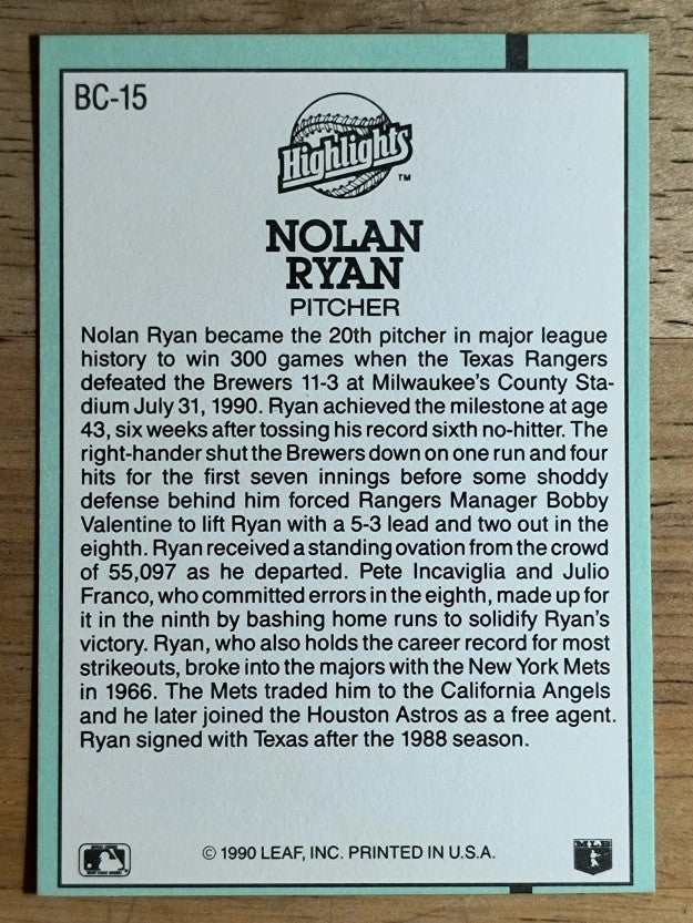 1991 Donruss Bonus Cards #BC15 Nolan Ryan 300W