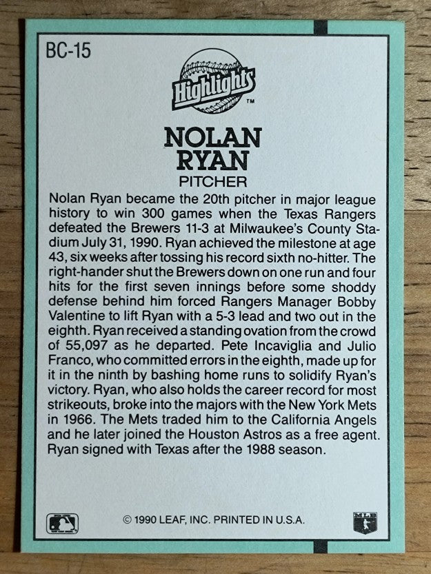 1991 Donruss Bonus Cards #BC15 Nolan Ryan 300W