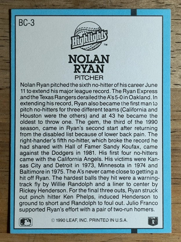 1991 Donruss Bonus Cards #BC3 Nolan Ryan NH