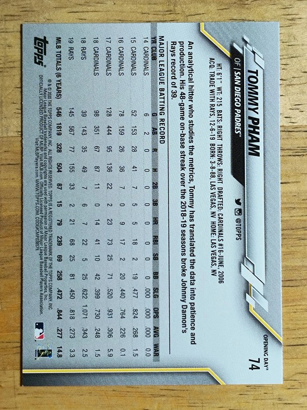 2020 Topps Opening Day #74 Tommy Pham