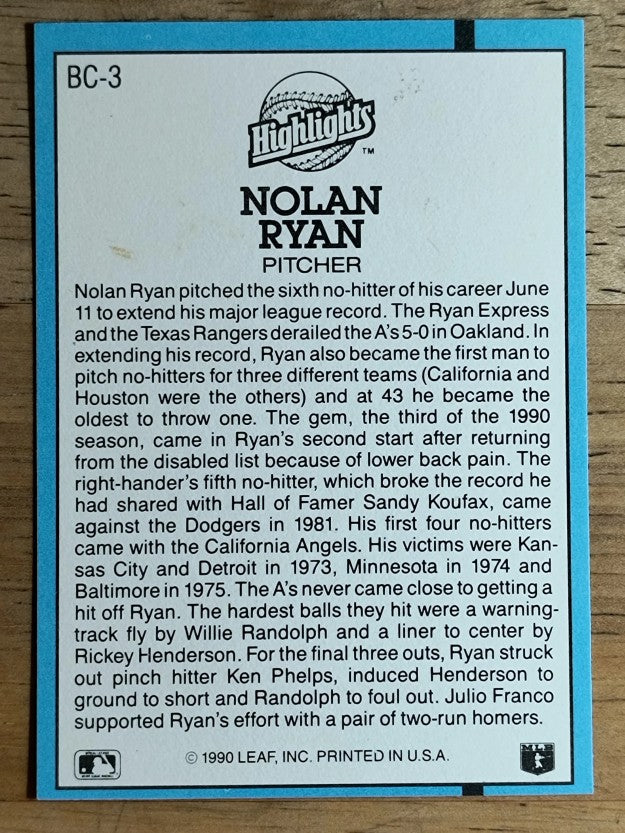 1991 Donruss Bonus Cards #BC3 Nolan Ryan NH
