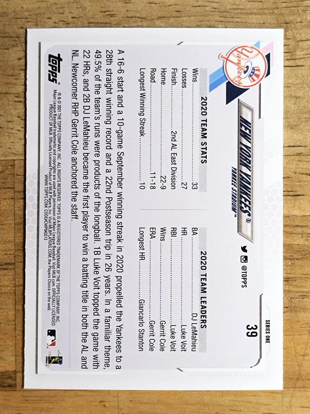 2021 Topps #39 New York Yankees TC