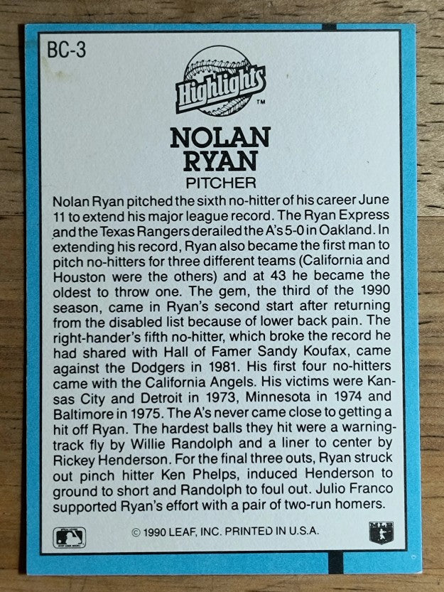 1991 Donruss Bonus Cards #BC3 Nolan Ryan NH