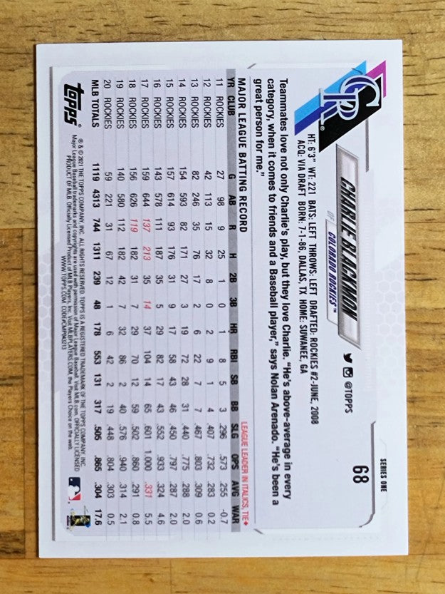 2021 Topps #68 Charlie Blackmon