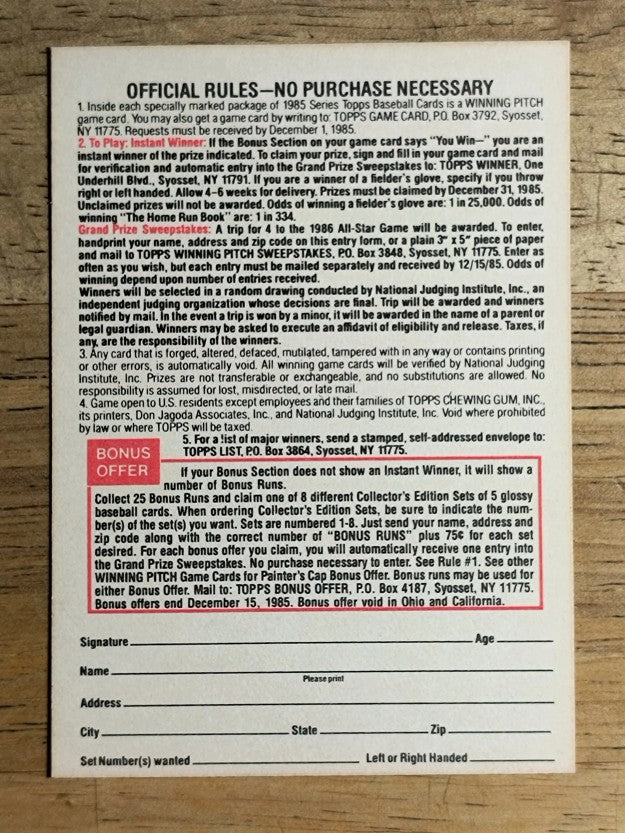 1985 Topps Winning Pitch #NNO 2 Runs Red Bonus