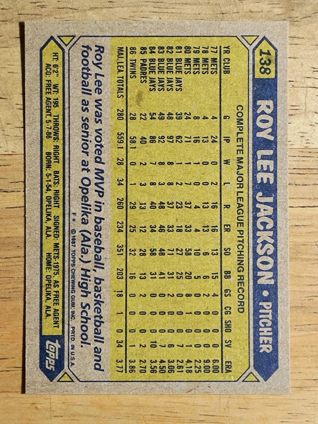 1987 Topps #138 Roy Lee Jackson