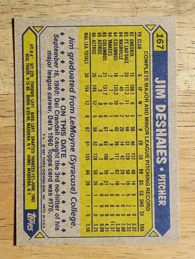 1987 Topps #167 Jim Deshaies RC