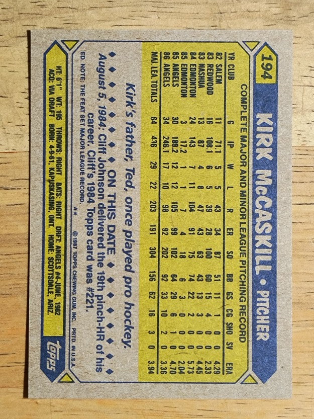 1987 Topps #194 Kirk McCaskill