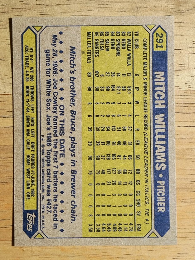 1987 Topps #291 Mitch Williams RC