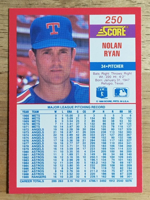 1990 Score #250 Nolan Ryan