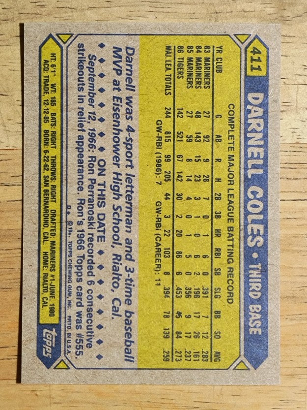 1987 Topps #411 Darnell Coles