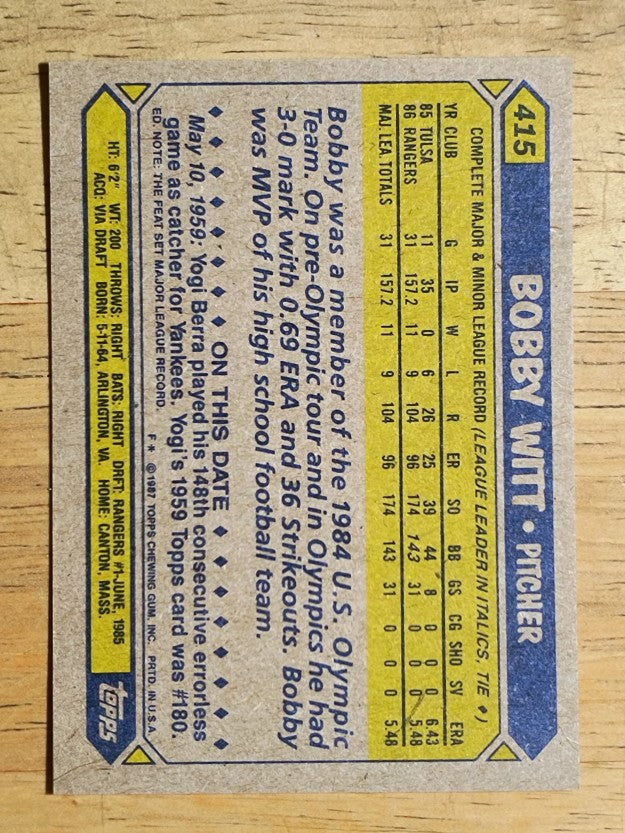 1987 Topps #415 Bobby Witt RC