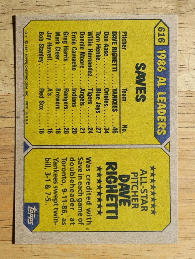 1987 Topps #616 Dave Righetti AS
