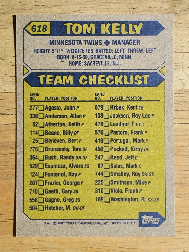 1987 Topps #618 Tom Kelly MG