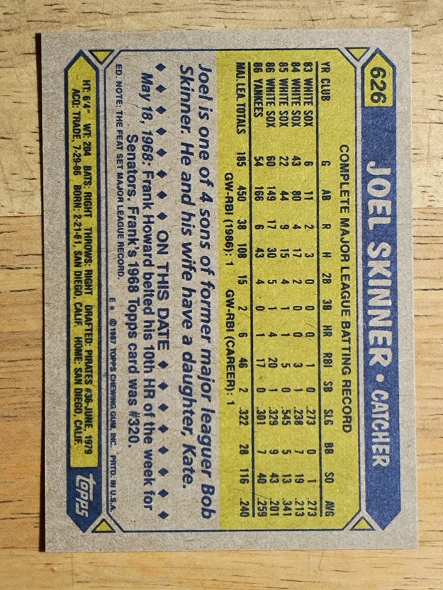 1987 Topps #626 Joel Skinner