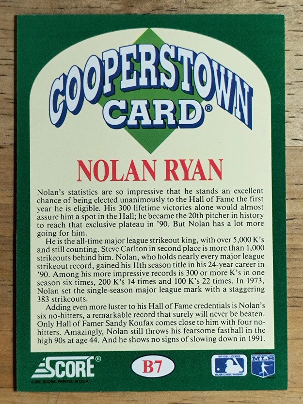 1991 Score Cooperstown #B7 Nolan Ryan