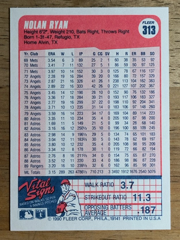 1990 Fleer #313 Nolan Ryan