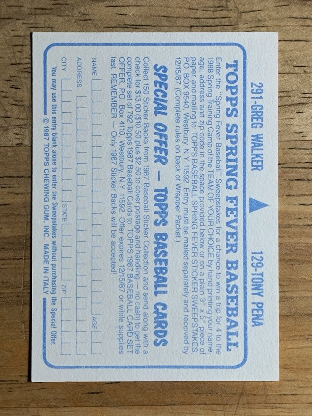 1987 Topps Stickers #129 Tony Pena