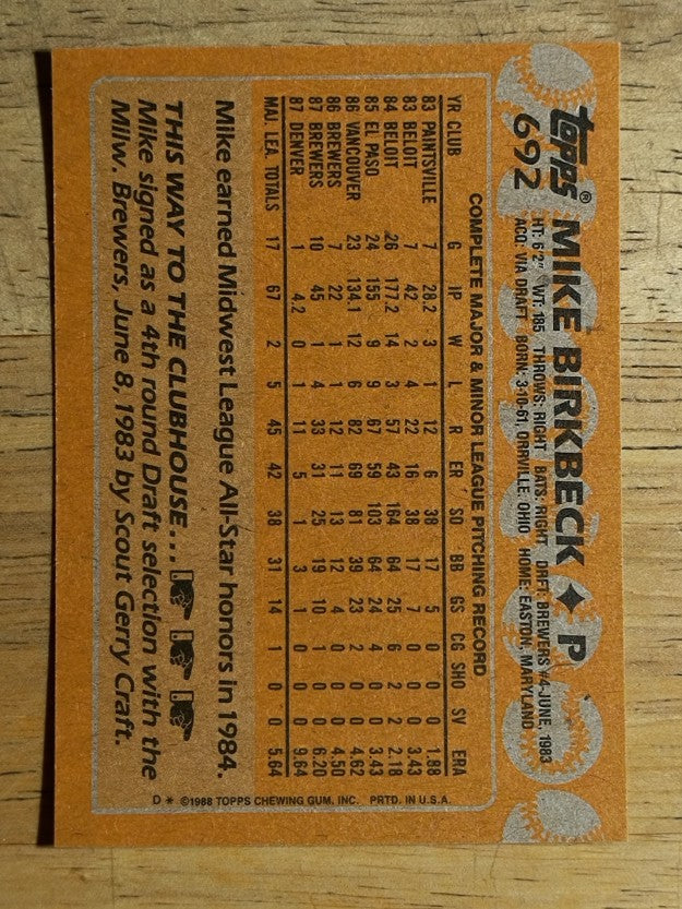 1988 Topps #692 Mike Birkbeck