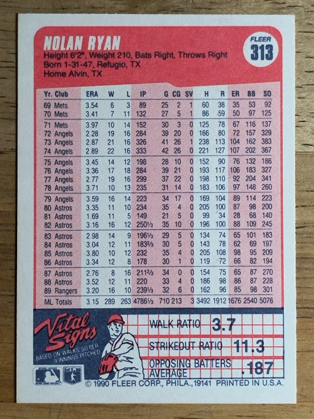 1990 Fleer #313 Nolan Ryan