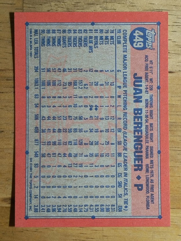 1991 Topps #449 Juan Berenguer