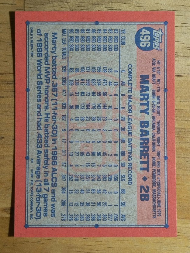 1991 Topps #496 Marty Barrett