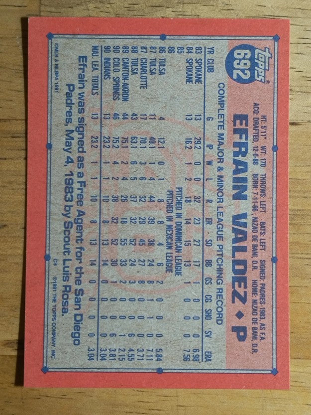 1991 Topps #692B Efrain Valdez COR RC/Born 7/11/1966