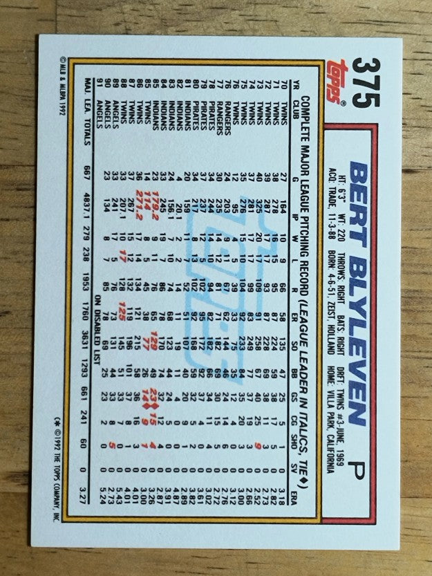 1992 Topps #375 Bert Blyleven