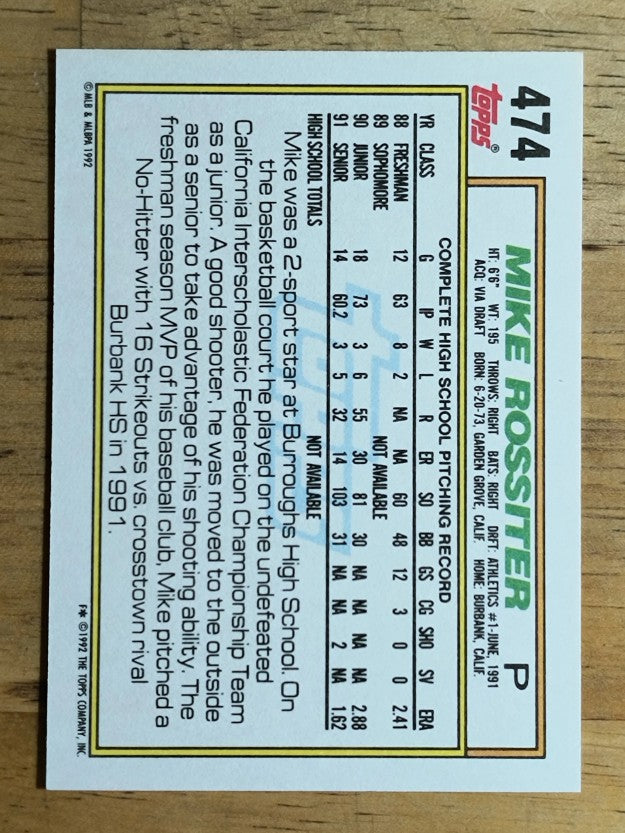 1992 Topps #474 Mike Rossiter RC