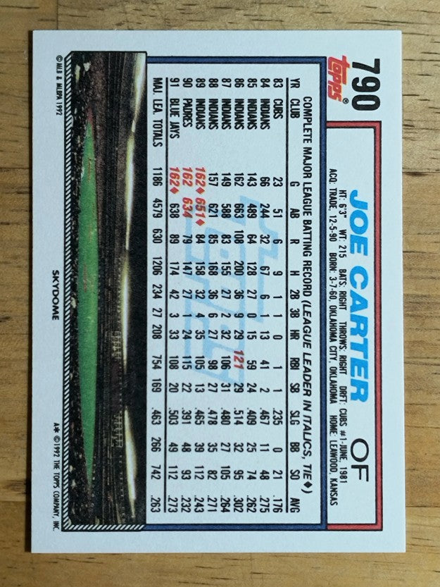 1992 Topps #790 Joe Carter