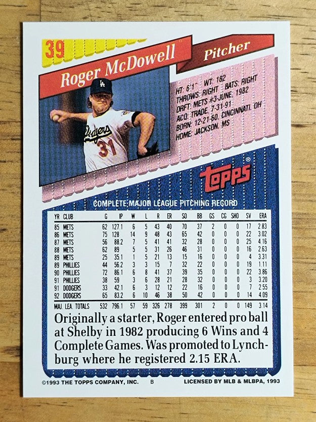 1993 Topps #39 Roger McDowell