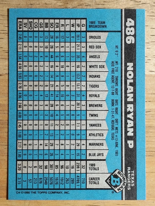 1990 Bowman #486 Nolan Ryan